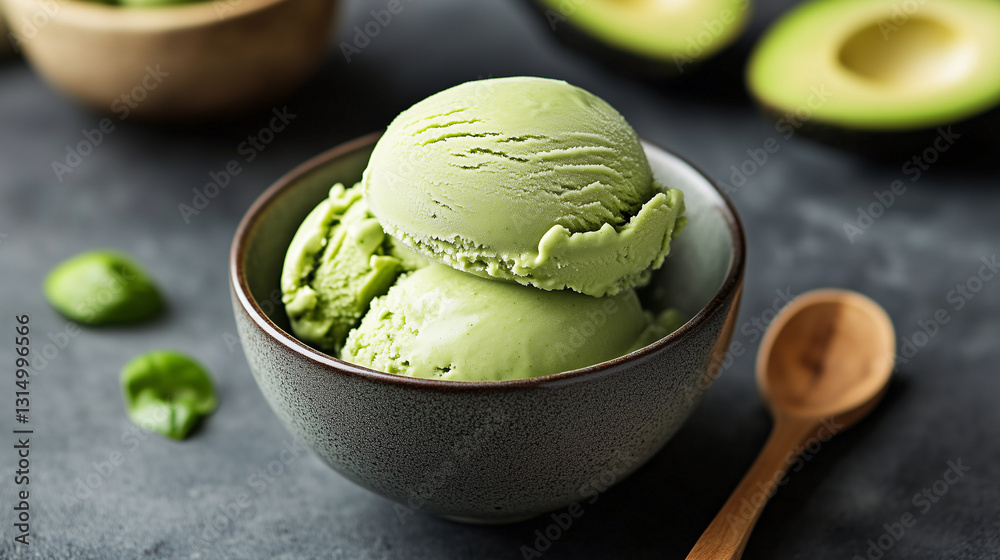 Bowl of green ice cream with a green avocado on top Bowl of green ice cream with a green avocado on top