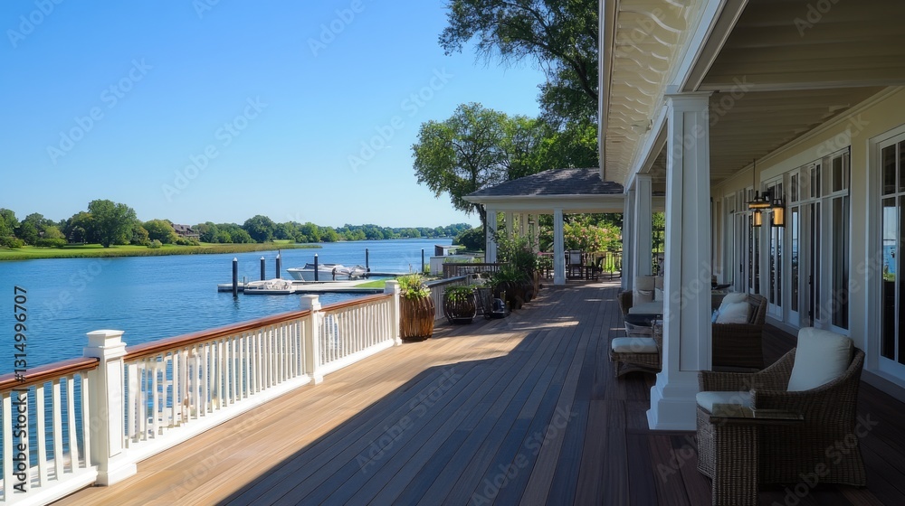 Fototapeta premium Scenic Lakefront Lifestyle: Serene Waterside Resort & Golf Club Experience with Marina and Captivating Views