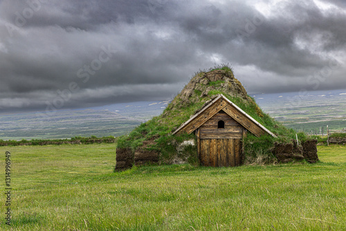 Traditional icelandic turf church photo