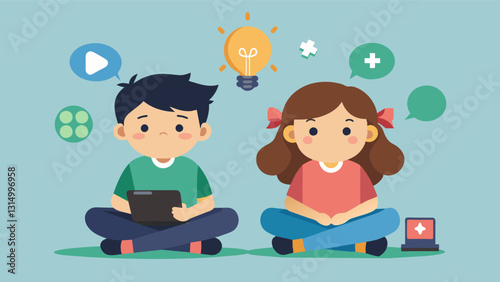 Two siblings sitting side by side brainstorming ideas for a game they can create together using Unitys powerful game engine.. Vector illustration