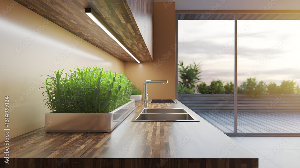 Fototapeta premium A modern kitchen with an indoor smart garden growing fresh herbs under LED lights. Large windows open to a lush terrace, blending nature with contemporary design.