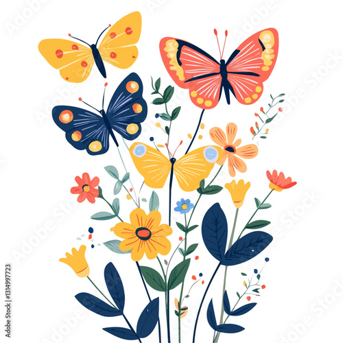 2D flat vector illustration Butterflies fluttering around flowers icon isolated on a white background.

