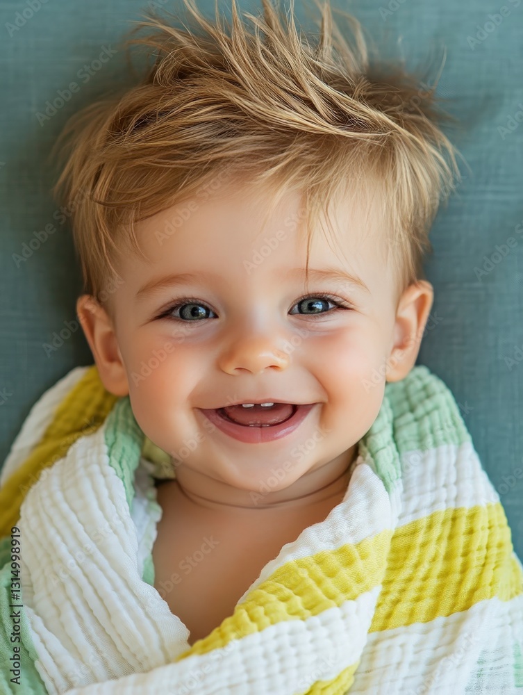 Naklejka premium Charming Happy Baby with Spiky Hair Wrapped in Soft Towel Smiling Brightly at Camera in Natural Light Indoor Setting