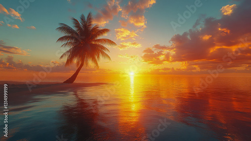 A tropical beach at sunset, with palm trees silhouetted against a glowing red and orange sky