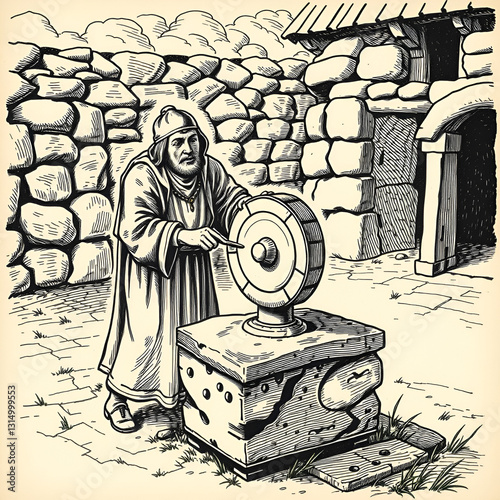 A vintage illustration depicting medieval grindstone