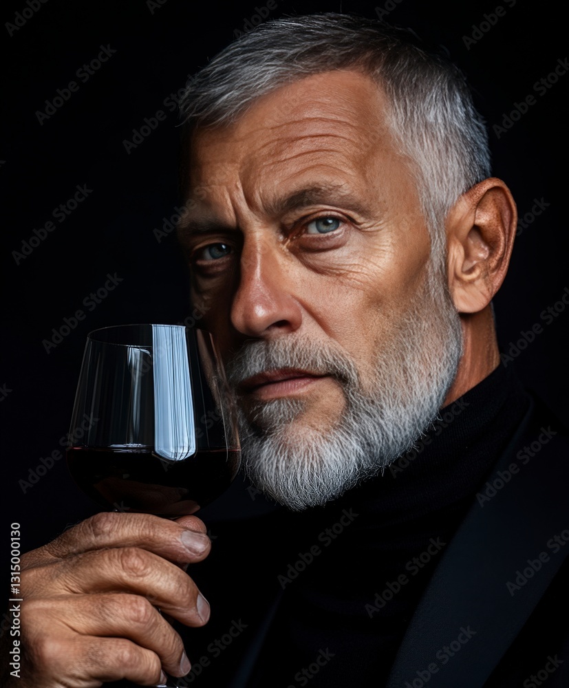 Mature man with gray beard holding wine glass against dark background, exuding confidence and sophistication in lifestyle moment Mature man with gray beard holding wine glass against dark background, exuding confidence and sophistication in lifestyle moment
