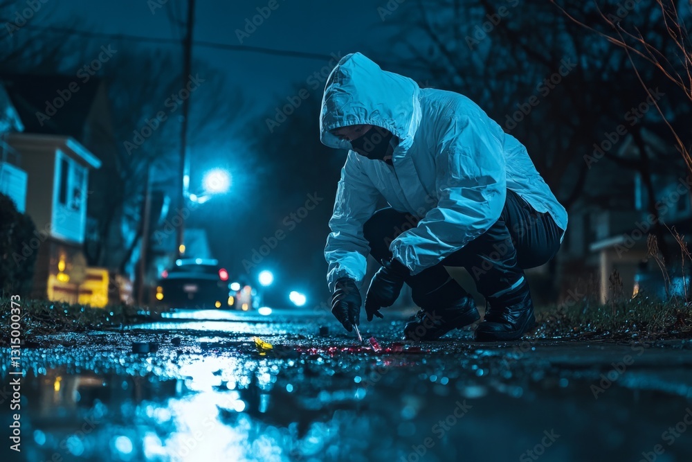 Forensic scientist in protective suit collecting evidence on a rainy night street Forensic scientist in protective suit collecting evidence on a rainy night street