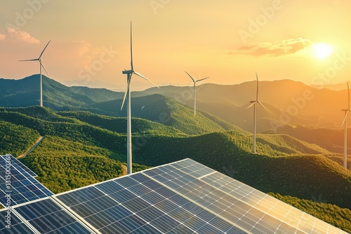 Sunlight reflecting on solar panels in the foreground, with wind turbines and green mountains at sunset in the background, representing renewable energy photo