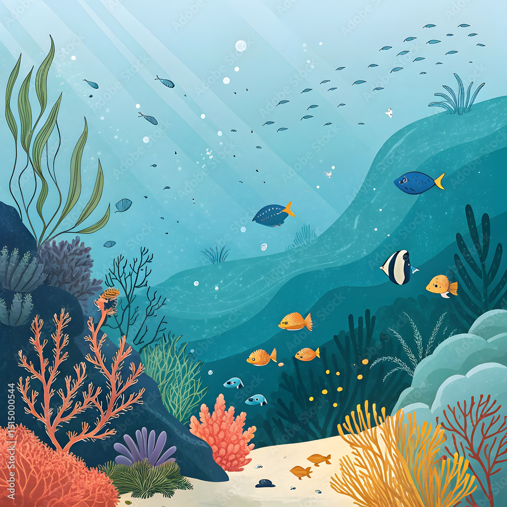 Fototapeta premium A colorful, stylized underwater world filled with coral reefs, seaweed, and various fish swimming in clear blue water.