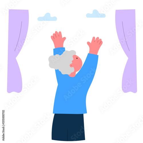 elderly woman stretching by the window in the morning, wellness and active lifestyle flat vector illustration