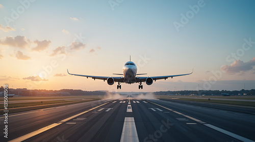 Airplane taking off from the airport runway early in the morning AI generative image