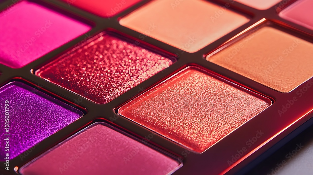 Fototapeta premium Realistic close-up of a vibrant eyeshadow palette with its assorted shades & textures, illuminated to highlight details of the pigments & packaging