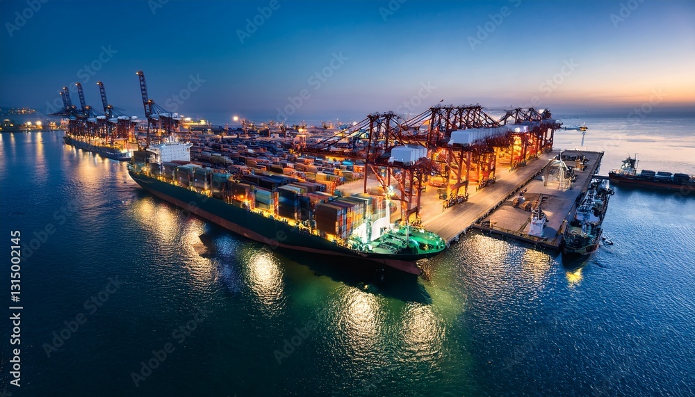 Fototapeta premium aerial view of freight ship docked at container port surrounded by shipping cranes and colorful cargo containers illuminated by night lights
