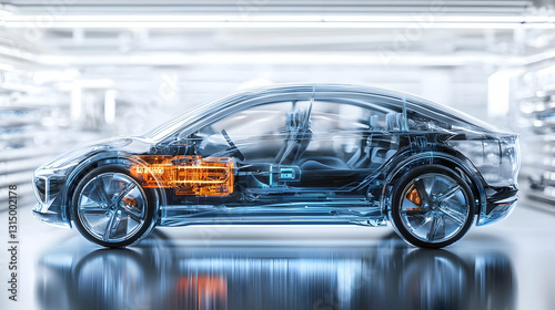 Transparent Electric Car With Orange Battery In Clean Room