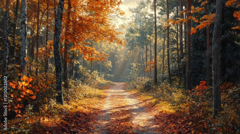 Obraz premium A serene forest path lined with vibrant autumn foliage, illuminated by soft sunlight filtering through the trees.