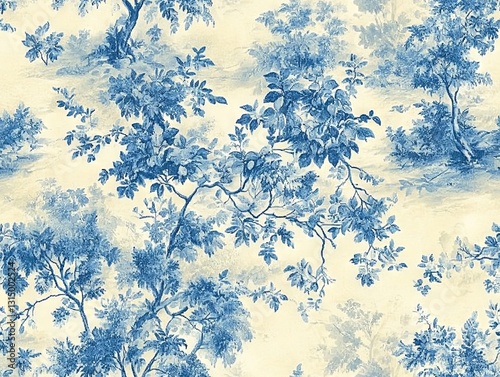 Seamless Pattern - Floral Blue and White Toile Pattern with Trees and Foliage