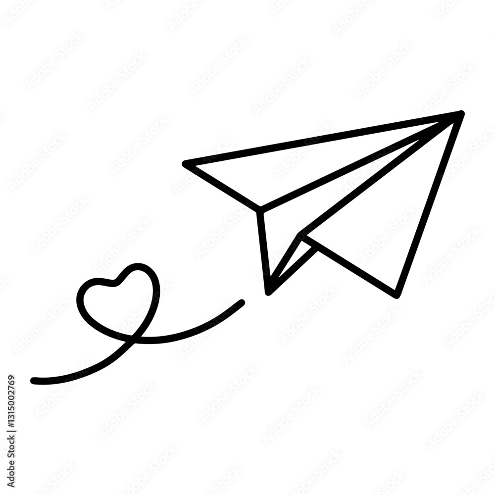Paper airplane with heart-shaped trail, symbolizing a love letter or message of affection. This minimalist design represents romantic communication, heartfelt messages, and the journey of love Paper airplane with heart-shaped trail, symbolizing a love letter or message of affection. This minimalist design represents romantic communication, heartfelt messages, and the journey of love