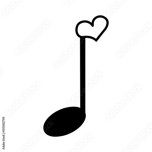 Musical note with heart-shaped top, symbolizing a love song, romantic melody, or the expression of love through music. Minimalist design, perfect for music-themed projects and representing the harmony