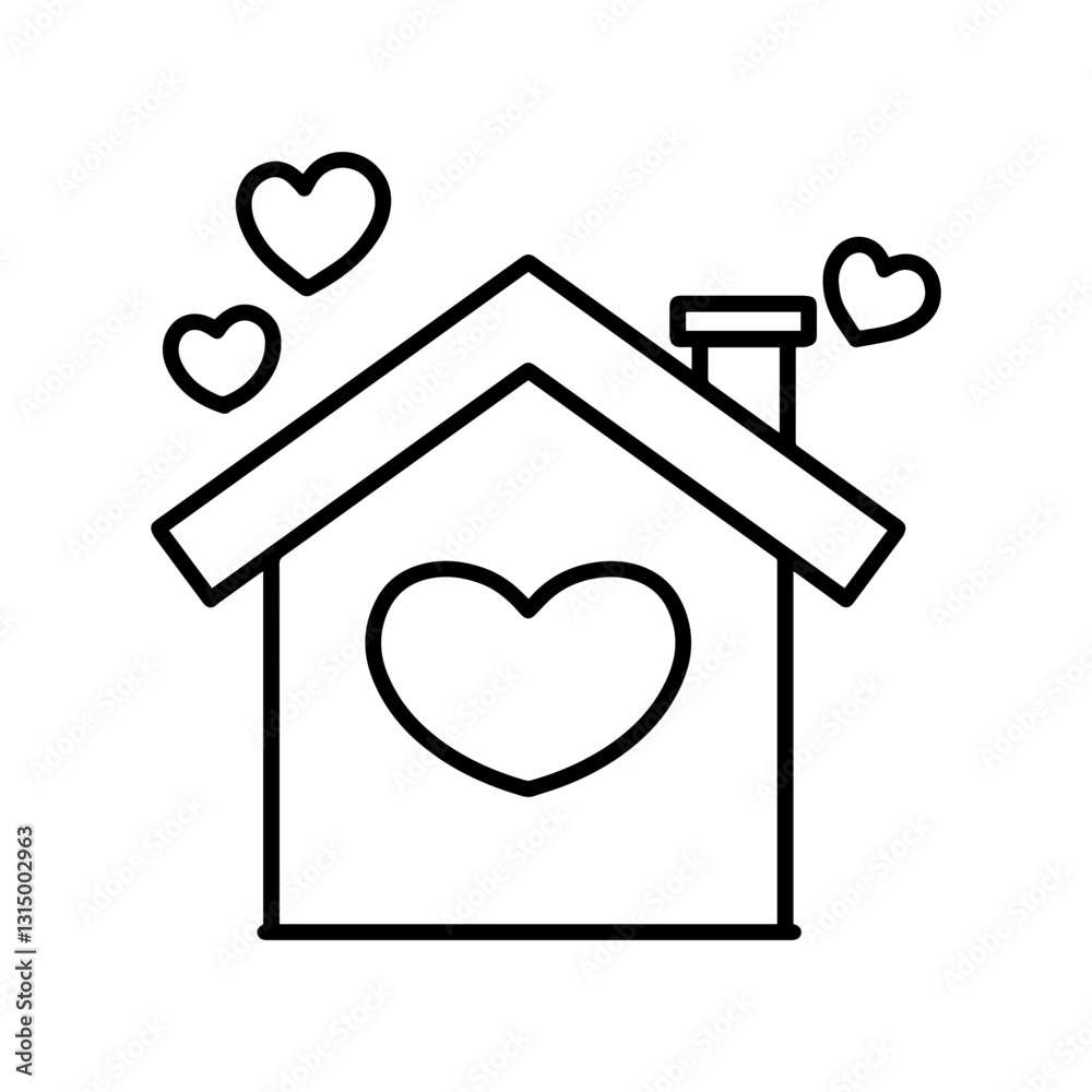 House outline with a heart inside. Home is where the heart is, love and shelter, and family symbol, representing family, belonging. Line art, minimalist design, and black white vector illustration
