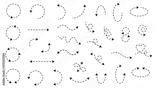 Hand drawn dotted arrows on white background. Single head and double head. Wave curve. Circle. Wave. Heart. Infinity. Back. U-turn. Rotate. Vector sketch design symbols.