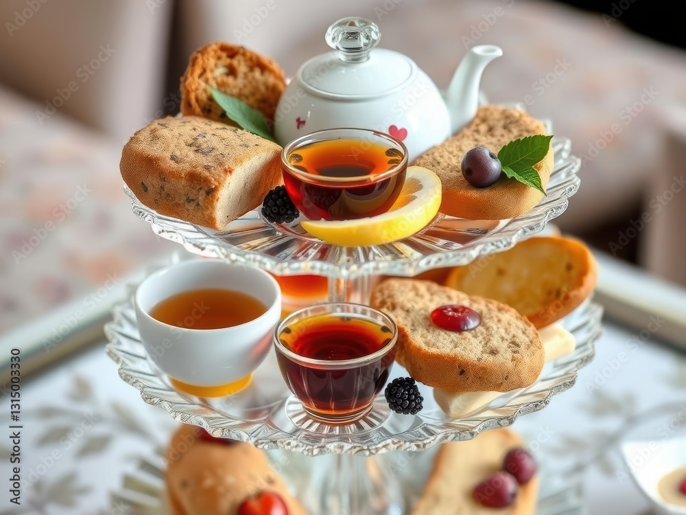 Luxurious fancy tea display on crystal tiered server Luxurious fancy tea display on crystal tiered server