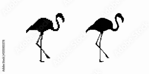 Two pixel flamingos in silhouette exhibit unique forms and grace. ir elegant stance.