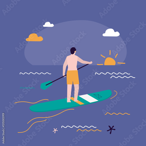 Man riding sup board on water. Surfer outdoor recreation on sunset. Sportsman standing with paddle on board, sea summer enjoy. Active male character rest.