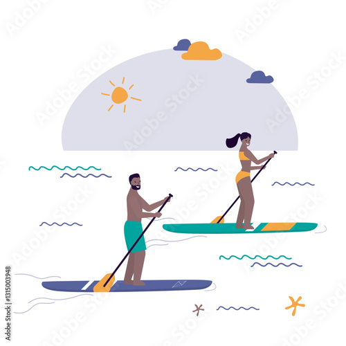 Tanned people riding sup boards on water. Friends surfers in swimming suits outdoor recreation. Sportmen standing with paddles on boards, sea summer enjoy. Active characters rest.