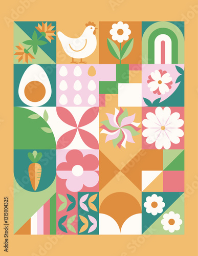 Wielkanocny baner z mozaiką z świątecznymi symbolami. Wiosenny geometryczny wzór z królikiem, jajkami i kwiatami.