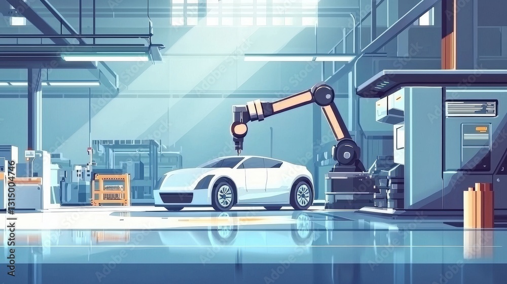 An illustrative depiction of a car assembly process in a futuristic factory setting, showcasing automation and cutting-edge manufacturing techniques. An illustrative depiction of a car assembly process in a futuristic factory setting, showcasing automation and cutting-edge manufacturing techniques.