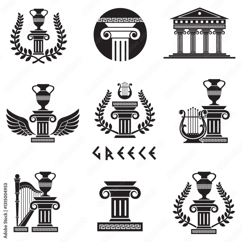 Fototapeta premium ancient greek symbols with column, amphora and laurel isolated on white background