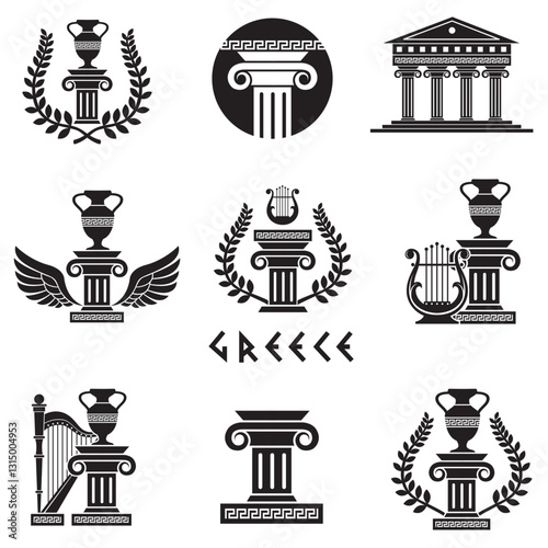 ancient greek symbols with column, amphora and laurel isolated on white background