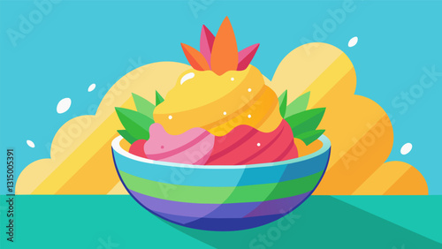 The vibrant hues of pineapple mango and strawberry nieve melting together in a rainbow of flavors.. Vector illustration