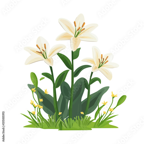 2D flat vector illustration garden of blooming lilies icon isolated on a white background.

