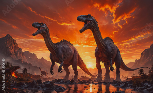 Two large dinosaurs are walking through a desert landscape, with a beautiful sunset in the background. The scene is peaceful and serene, with the dinosaurs moving slowly and calmly through the rocky