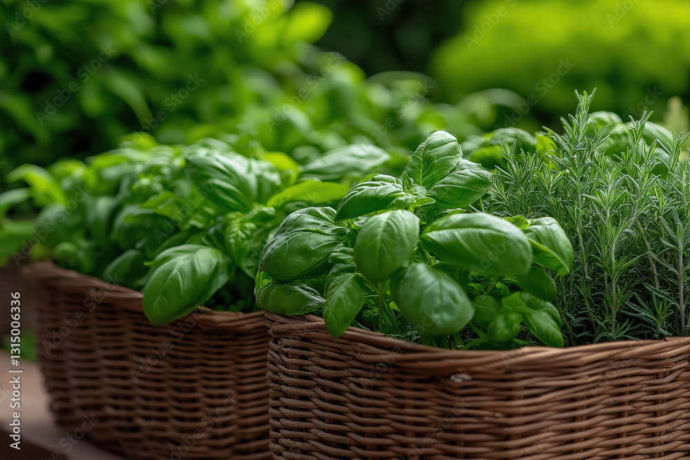 Fresh basil and rosemary herbs arranged in woven baskets in a lush garden Fresh basil and rosemary herbs arranged in woven baskets in a lush garden