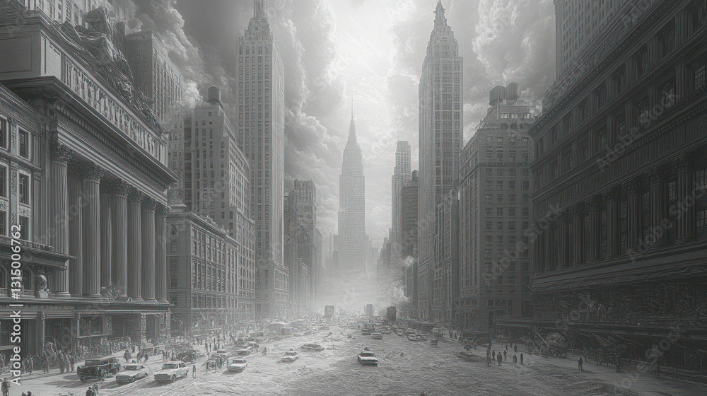 Fototapeta premium Gray, bustling cityscape, urban scene