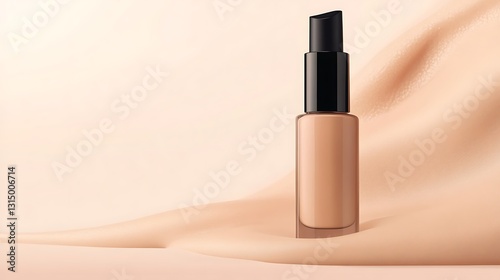 Realistic close-up of a foundation bottle with a detailed pump & smooth texture, elegant design of the packaging soft, neutral background