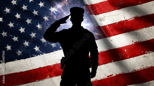 Silhouette of a soldier saluting in front of an American flag background