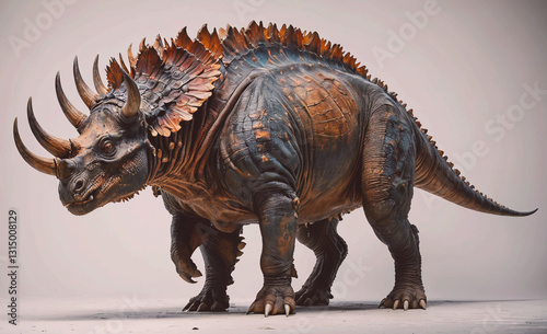 Dinosaur with horns on its head is standing on a white background. The dinosaur has a very menacing look on its face, and its horns are large and sharp. Scene is one of danger and fear