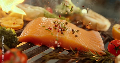 Cinematic shot of a professional chef sprinkling spices on salmon fillet in slow-motion. Preparing sea food in restaurant