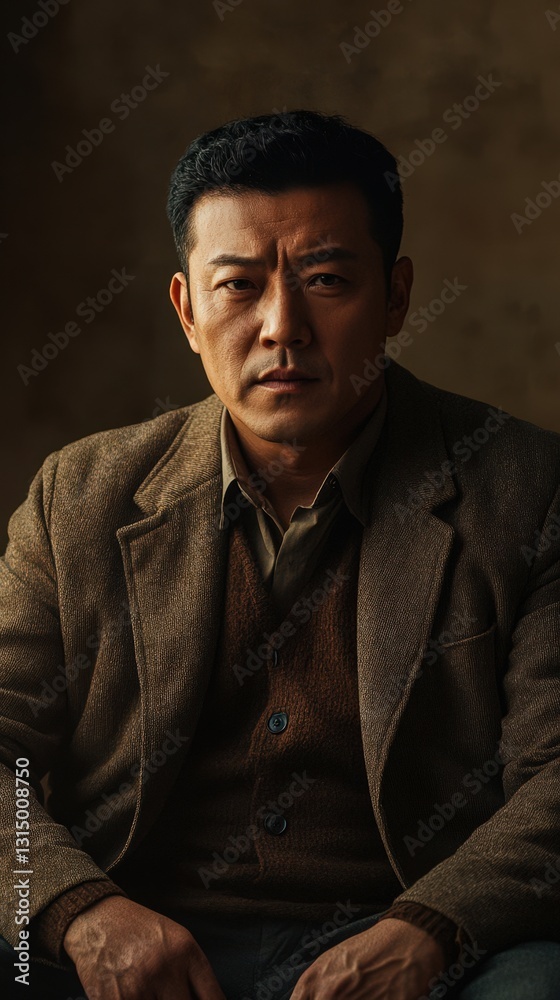 Fototapeta premium A Man in Brown Jacket Serious Expression Portrait