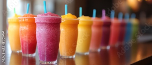 Wallpaper Mural Row of Vibrant Colorful Frozen Fruit Smoothies with Straws on a Wooden Table in a Cafe Setting Refreshing Summer Drinks with Tropical Flavors Torontodigital.ca