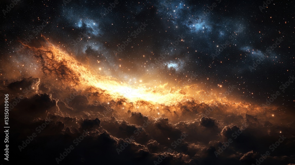 Fototapeta premium Colorful cosmic clouds blend with bright light, creating a breathtaking display in the vastness of space. Stars twinkle against the dark backdrop, showcasing the beauty of the universe