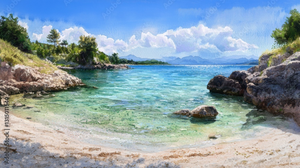 Naklejka premium A tranquil bay features clear turquoise waters lapping against a sandy beach, surrounded by lush greenery and distant mountains under a bright blue sky with fluffy clouds