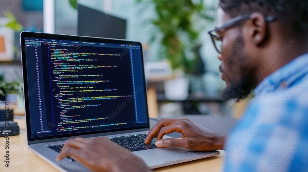 African American guy programming on laptop in modern office. African American guy programming on laptop in modern office.