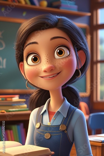 Happy Animated Teacher in Class with Colorful Educational Posters photo