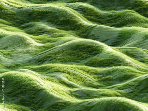 Seamless Pattern - Abstract green landscape of soft, rolling hills covered in lush vegetation.