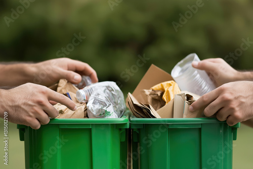 Two people sorting recyclable materials into green bins in a park setting