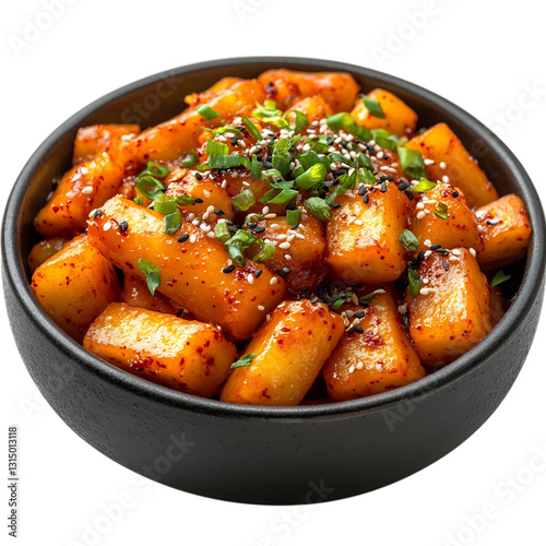 A Bowl of Korean Tteokbokki Spicy Rice Cakes Isolated on Transparent Background